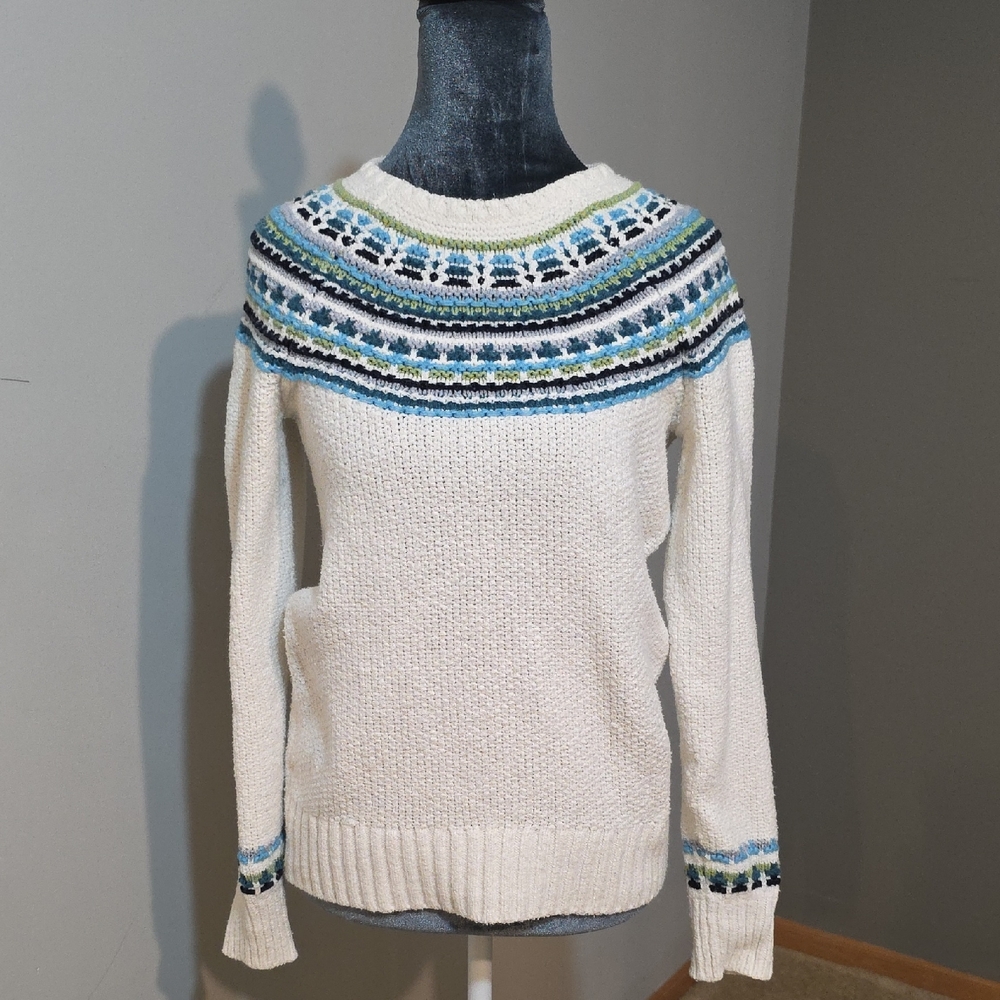 LOFT Cream Sweater with Blue and Green Accents